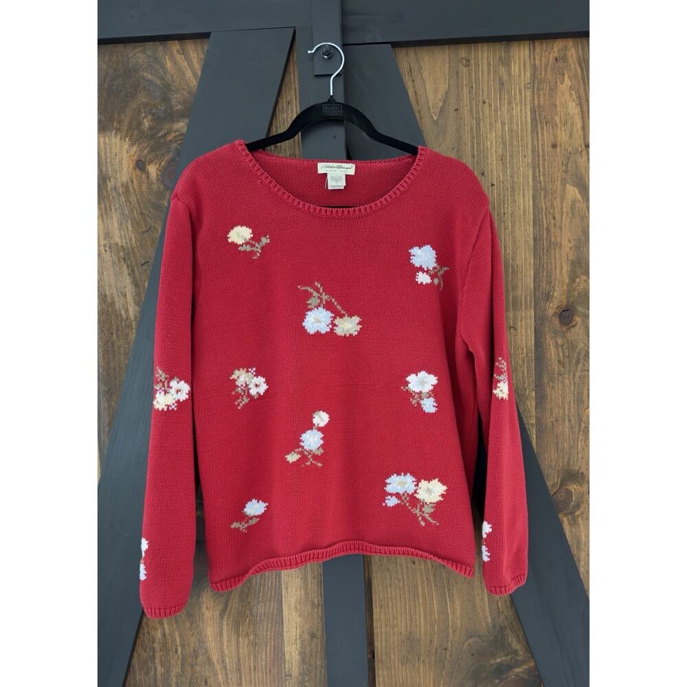 Vintage Eddie Bauer Cotton Sweater Women’s XL Red Chunky Knit Floral 90s Y2K